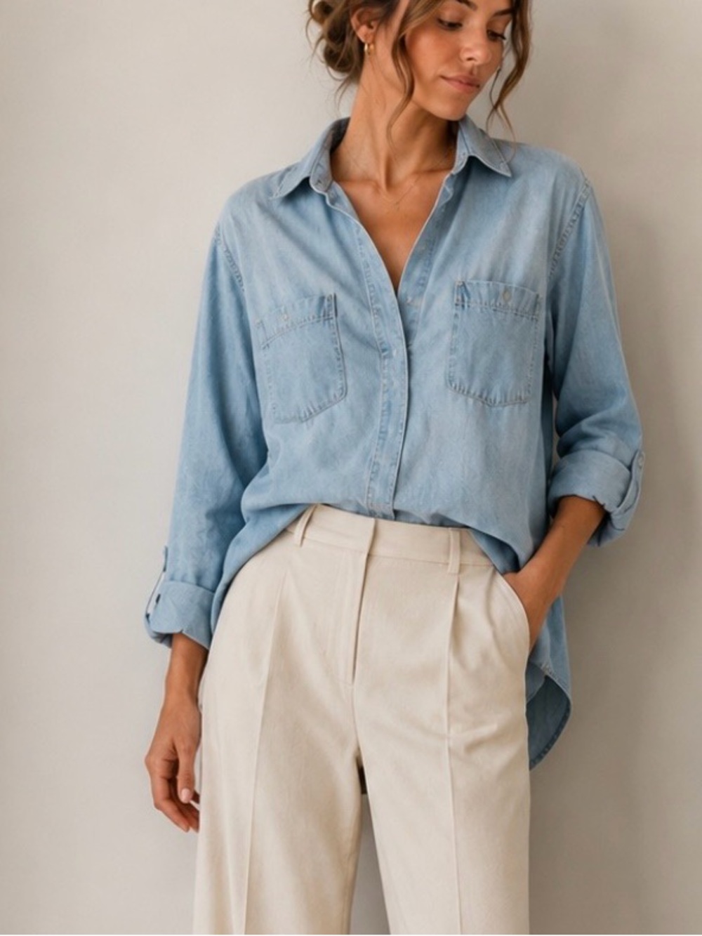 Bella Dahl Split Back Button Up Shirt L Chambray Hi Low Top Made in USA